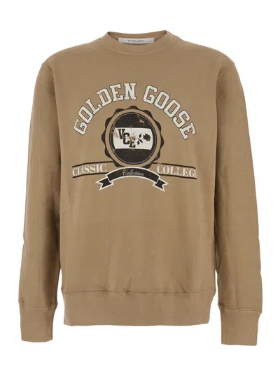 Golden Goose Beige Crewneck Sweatshirt With Maxi Print On The Front In Cotton Man In Brown