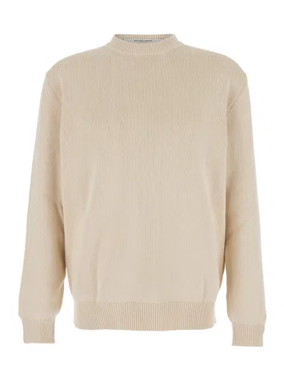 Golden Goose Beige Ribbed Knit Crewneck Sweater With Logo Lettering On The Rear In Cotton Stretch Man In Neutral