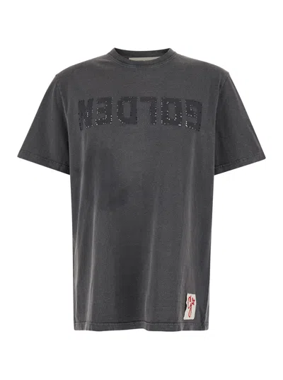 GOLDEN GOOSE GOLDEN GOOSE MEN BLACK DISTRESSED T-SHIRT WITH LOGO MAN GOLDEN GOOSE