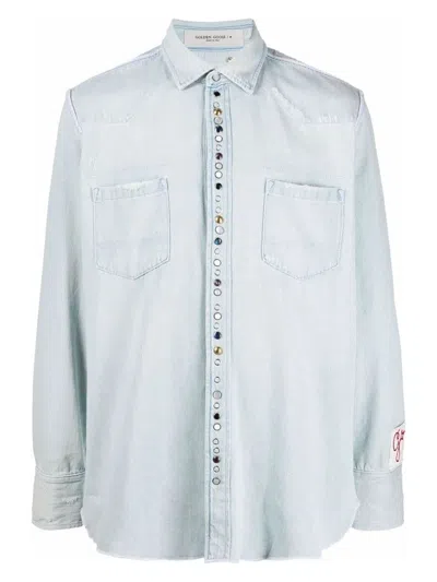 GOLDEN GOOSE MEN'S BLEACHED DENIM SHIRT WITH HAMMERED STUDS