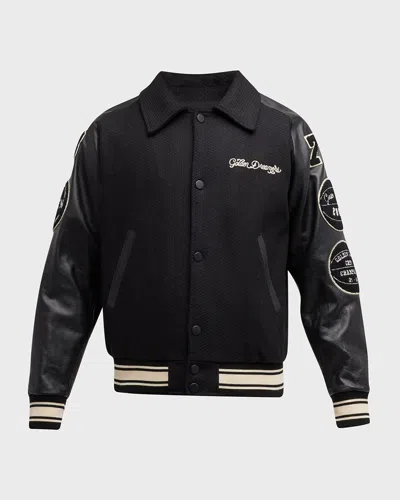 Golden Goose Men's Bomber Jacket With College Patches In Black/beige