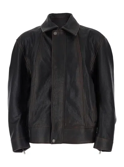 Golden Goose Men Brown Jacket With Classic Collar And Distressed Effect In Leather Man In Black