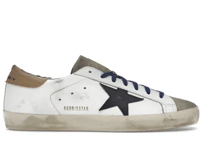 Pre-owned Golden Goose Men's  Superstar Suede Toe Taupe Black Sneakers In White/beige/royal Blue