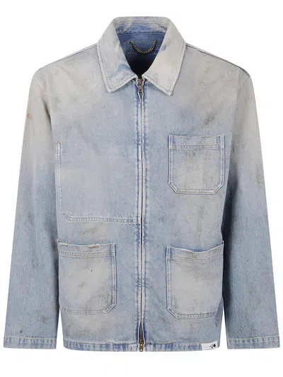 Golden Goose Men "journey" Man`s Mackenzie Work Jacket Full Zip Cotton Denim Officina Wash In Blue