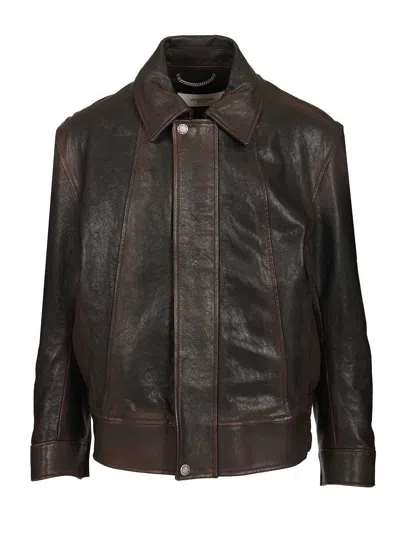 Golden Goose Men Brown Jacket With Classic Collar And Distressed Effect In Leather Man In Black