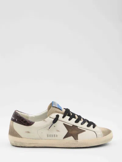 Golden Goose Super-star Distressed Croc-effect And Suede-trimmed Leather Sneakers In Neutral