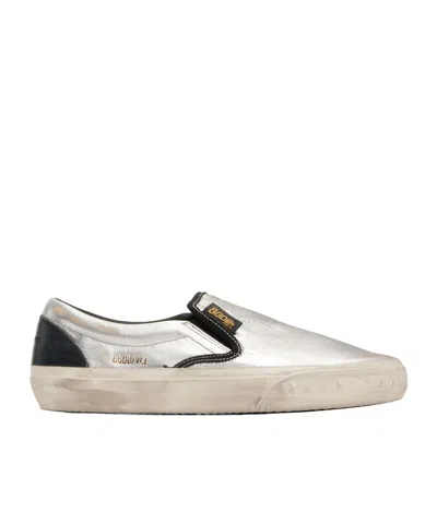 GOLDEN GOOSE MEN'S VCE PENSTAR IN METALLIC SILVER LEATHER WITH BLACK LEATHER HEEL TAB