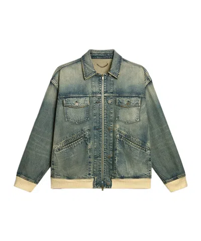 Golden Goose Men's Washed Denim Jacket With Wool Blend Ribbing In Gray