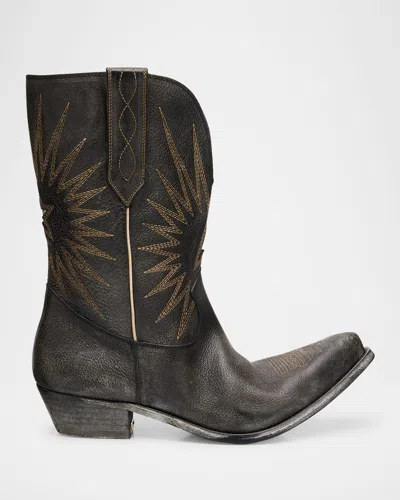 Golden Goose Men's Wish Star Leather Low Western Boots In Black/ecru/silver