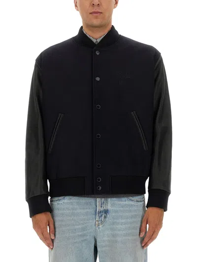 Golden Goose Men Wool Bomber Jacket And Leather Sleeves In Black