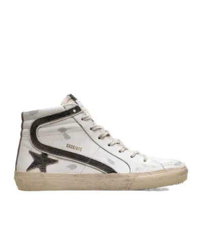 Golden Goose Mens Slide Lab In White Leather With Star And Flash In Brown Suede In Multi