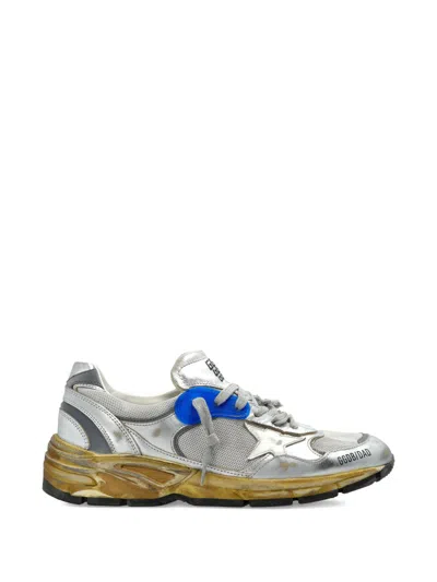 Golden Goose Metallic Silver Sneakers With Bold Blue Detail And Vintage Accents In Gray