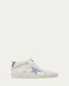 Golden Goose Mid Star Denim Wing-tip Sneakers In White Light Blue Medieval Blue