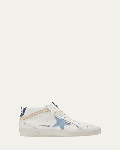 Golden Goose Mid Star Denim Wing-tip Sneakers In White Light Blue Medieval Blue