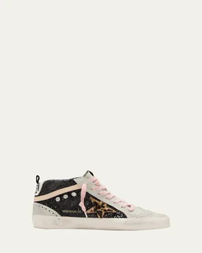 GOLDEN GOOSE MID STAR GLITTER LEOPARD WING-TIP SNEAKERS