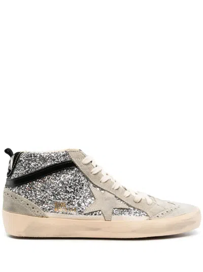 Golden Goose Mid Star Glitter Upper Suede Toe St In Silver
