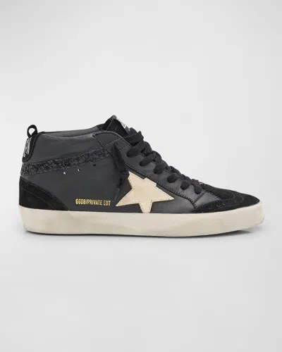 Golden Goose Mid Star Glitter Wave Leather Sneakers In Blackplatinum