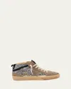 Golden Goose Mid Star In Silver Glitter With Suede Star And Black Flash In Silver Taupe Black