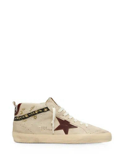Golden Goose Mid Star In Pearl Suede With Burgundy Leather Star And Embroidery Inserts Sneakers In Neutral
