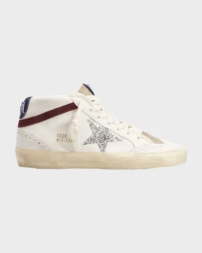 Golden Goose Mid Star Leather Glitter Wing-tip Sneakers In Whitesilverwinemedieval Blue