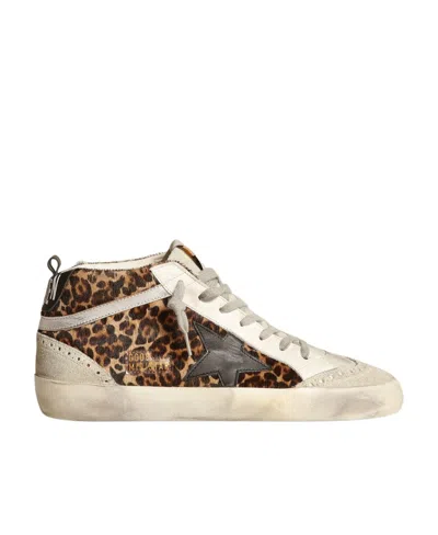 Golden Goose Mid Star Sneakers In Leopard-print Pony Skin With Black Leather Star And Silver Laminated Leather Fl In Multi