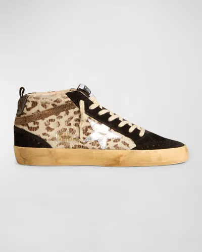 Golden Goose Mid Star Leopard-print Suede Sneakers In Cream Brown Leo Black Silver Brown