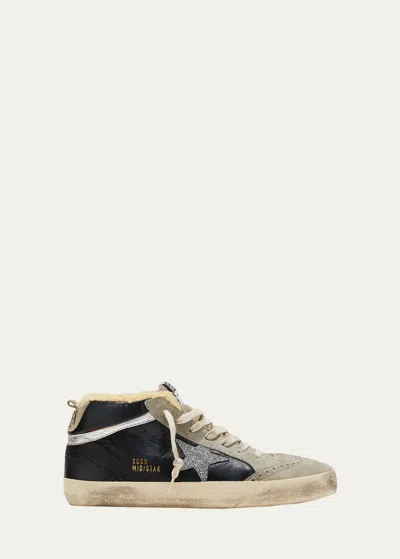Golden Goose Mid Star Mixed Leather Shearling Sneakers In Black/ice/silver
