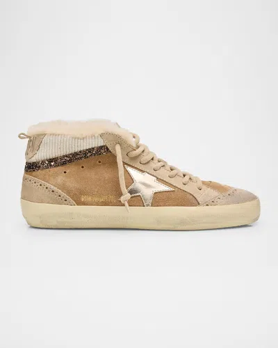 Golden Goose Mid Star Shearling-lined Suede Wing-tip Sneakers In Brown