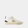Golden Goose Mid Star In Leather And Suede With Glitter Star In White