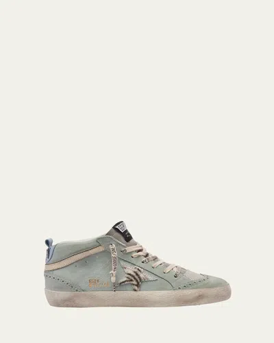 Golden Goose Mid Star Suede Zebra Wing-tip Sneakers In Aquamarine Silver White Black Zebra