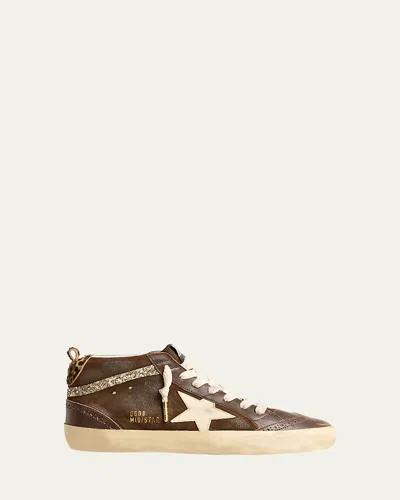 Golden Goose Midstar Mixed Leather Leopard Mid-top Sneakers In Brownwhitesilver