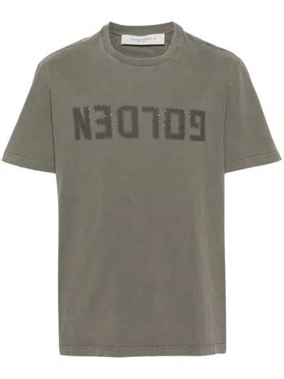 Golden Goose Muted Green Ribbed Cotton T-shirt With Bold Graphic In Gray