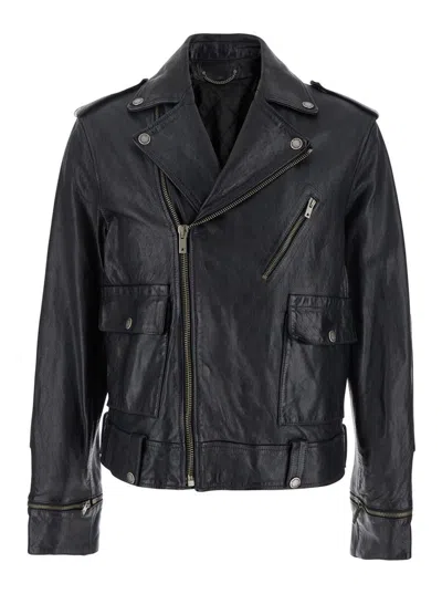Golden Goose Leather Jacket With Zip Fastening And Pockets In Black