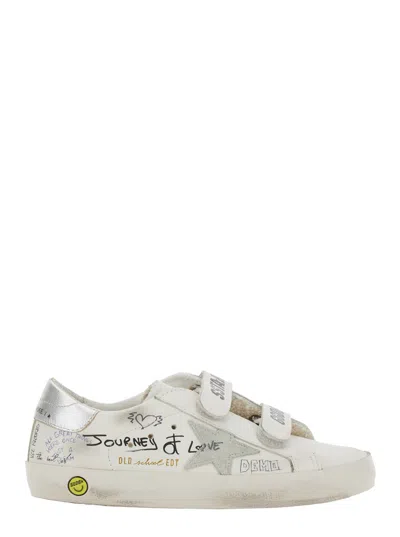 GOLDEN GOOSE OLD SCHOOL WHITE LOW-TOP SNEAKER WITH ALL-OVER WRITINGS IN LEATHER FOR GIRLS