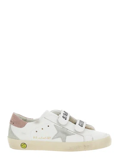GOLDEN GOOSE OLD SCHOOL WHITE LOW TOP SNEAKERS WITH STAR SHAPED PATCH ON THE SIDE AND LOGO ON THE TONGUE IN LEATH