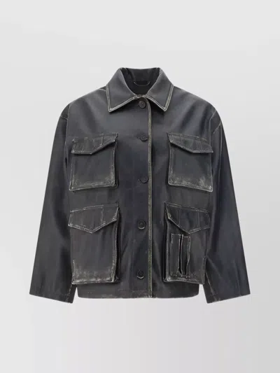 Golden Goose Oversize Leather Jacket Vintage Detail In Gray