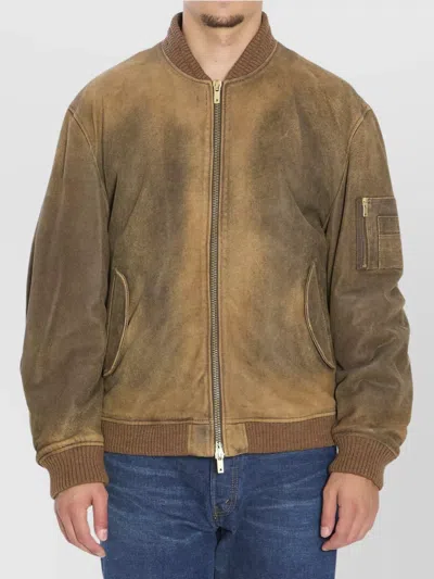 Golden Goose Padded Bomber Jacket Ribbed Collar In Brown