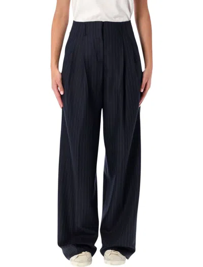 Golden Goose Navy Blue Wool Pinstripe Trousers In Black