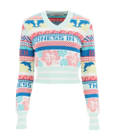 Golden Goose Patterned Knit Cropped Jumper In White,blue,pink
