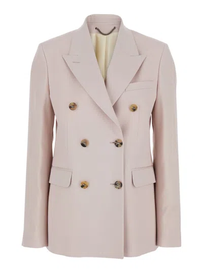 Golden Goose Pink Double-breasted Jacket With Peak Revers And Logo Plaque Detail In On The Rear In Wool Woman