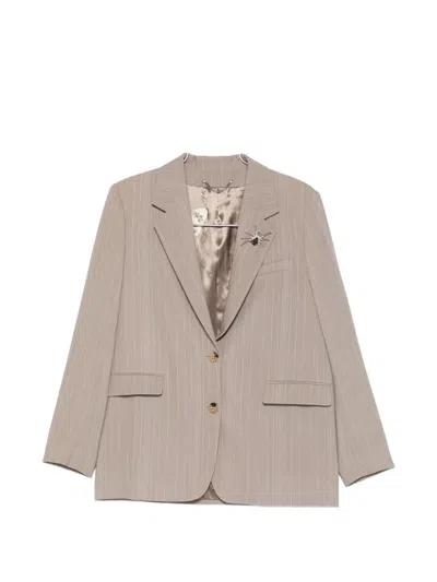 Golden Goose Pinstripe Oversized Wool Blend Blazer With Broche In Brown