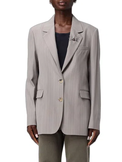 Golden Goose Pinstripe Oversized Wool Blend Blazer With Broche In Neutral