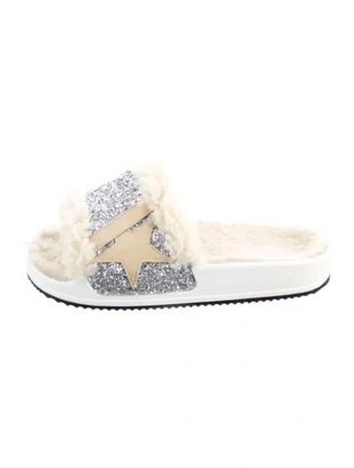 Pre-owned Golden Goose Poolstar Shearling Slides In Silver