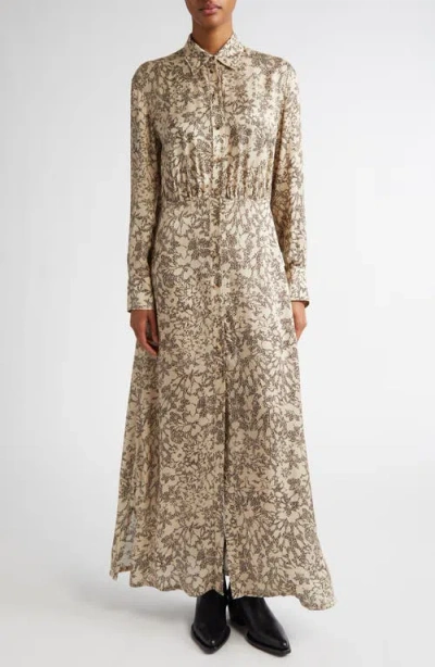 Golden Goose Print Long Sleeve Satin Maxi Shirtdress