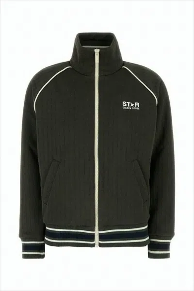 GOLDEN GOOSE QUILTED BLACK JACKET WITH HIGH COLLAR AND STRIPED DETAILING
