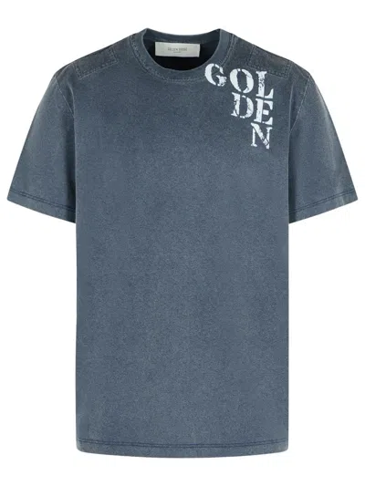 Golden Goose Ribbed Crew Neck Cotton T-shirt With Embossed Logo In Blue