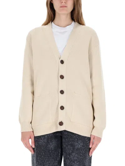 Golden Goose Ribbed Knit Logo Cardigan In Beige