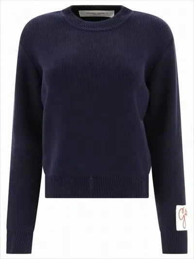 Golden Goose Ribbed Knit Sweater With Cropped Fit In Blue