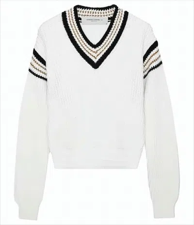 Golden Goose Ribbed Knit Sweater With V-neckline And Striped Accents In White