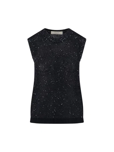 Golden Goose Ribbed Knit Top With Cotton Contrast In Black